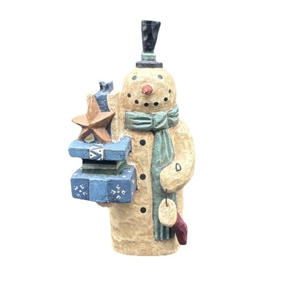Greg Guedel Folk Art Snowman Holding Presents & Stocking 6.5” Christmas Signed